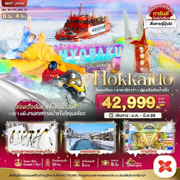 ทัวร์ญี่ปุ่น ฮอกไกโด เทศกาลน้ำแข็ง โซอุนเคียว ล่องเรือตัดน้ำแข็ง เที่ยวญี่ปุ่น 6 วัน 4 คืน