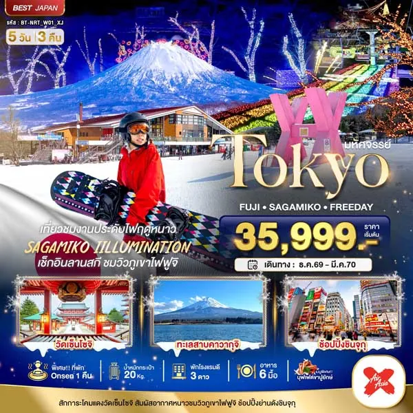 ทัวร์ญี่ปุ่น โตเกียว ฟูจิ งานประดับไฟซากามิโกะ 5 วัน 3 คืน (อิสระ 1 วัน)