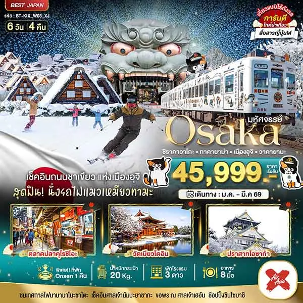 ทัวร์ญี่ปุ่น โอซาก้า ชิราคาวาโกะ เมืองอุจิ นั่งรถไฟแมวเหมียวทามะ เทศกาลประดับไฟ 6 วัน 4 คืน