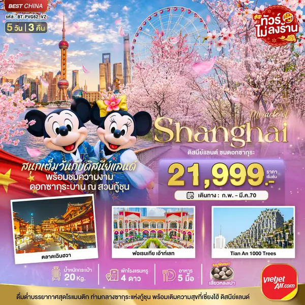 ทัวร์จีน เซี่ยงไฮ้ ดิสนีย์แลนด์เต็มวัน ชมซากุระสวนกู้ชุน 5 วัน 3 คืน