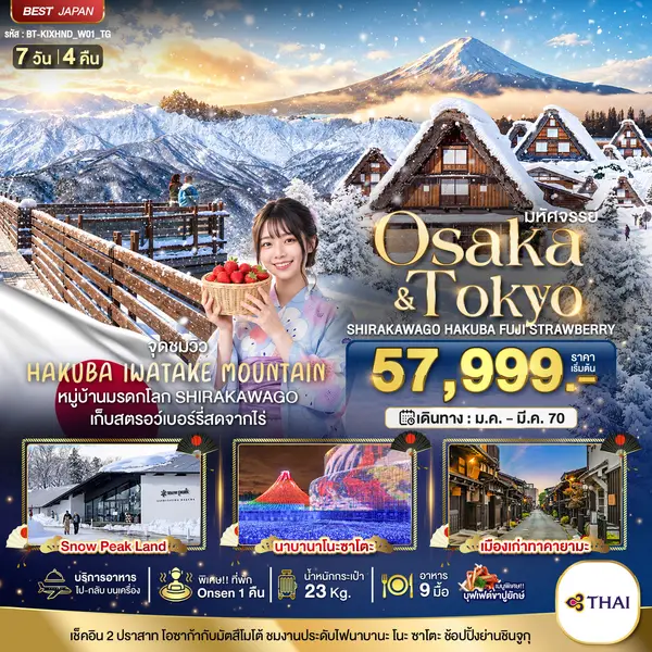 ทัวร์ญี่ปุ่น โอซาก้า โตเกียว ชิราคาวาโกะ ฮาคุบะ ฟูจิ 7 วัน 4 คืน