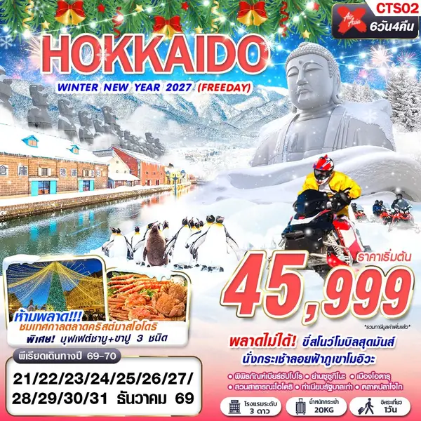ทัวร์ญี่ปุ่น ฮอกไกโด ปีใหม่ สโนว์โมบิล กระเช้าโมอิวะ 6 วัน 4 คืน